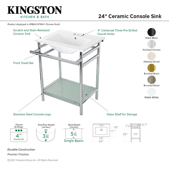 Kingston Brass VPB24187W40 Sheridan 24" Ceramic Console Sink with Stainless Steel Legs and Glass Shelf (4-Inch, 3-Hole), White/Matte Black