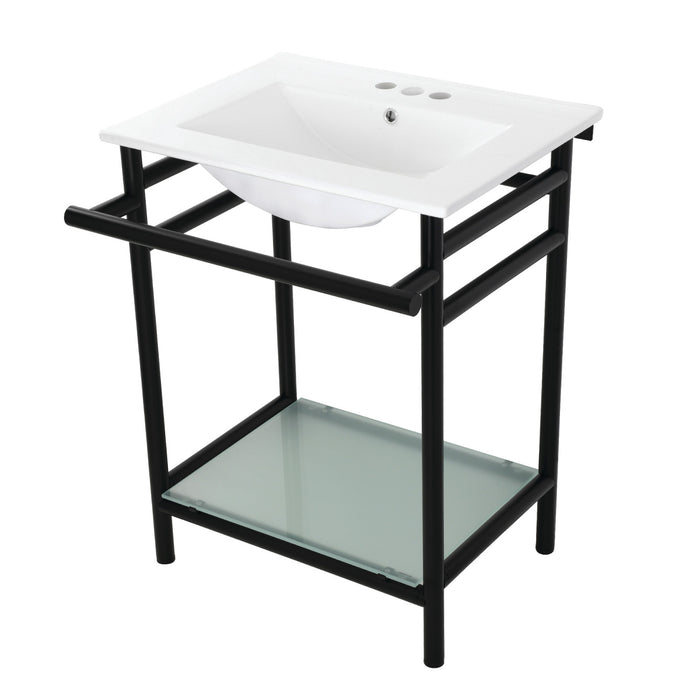 Kingston Brass VPB24187W40 Sheridan 24" Ceramic Console Sink with Stainless Steel Legs and Glass Shelf (4-Inch, 3-Hole), White/Matte Black
