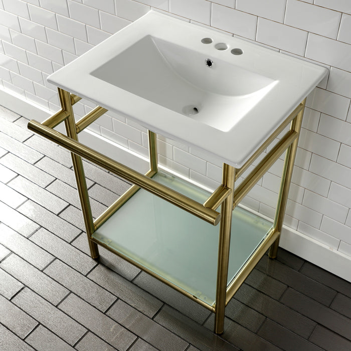 Kingston Brass VPB24187W47 Sheridan 24" Ceramic Console Sink with Stainless Steel Legs and Glass Shelf (4-Inch, 3-Hole), White/Brushed Brass