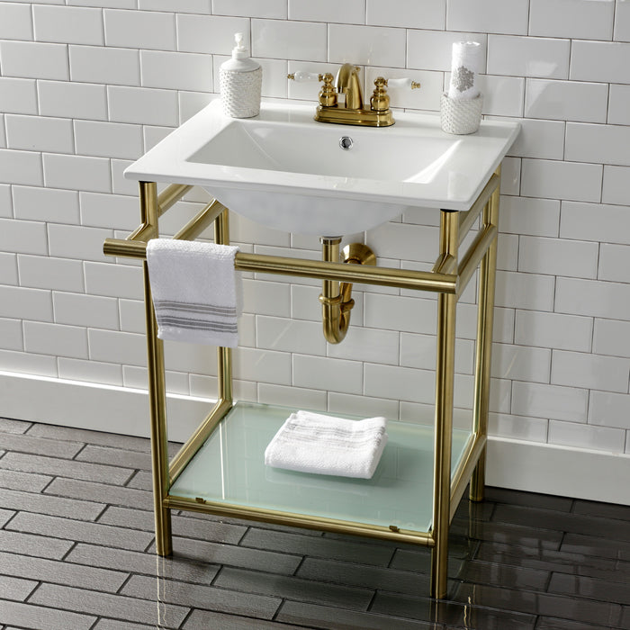 Kingston Brass VPB24187W47 Sheridan 24" Ceramic Console Sink with Stainless Steel Legs and Glass Shelf (4-Inch, 3-Hole), White/Brushed Brass