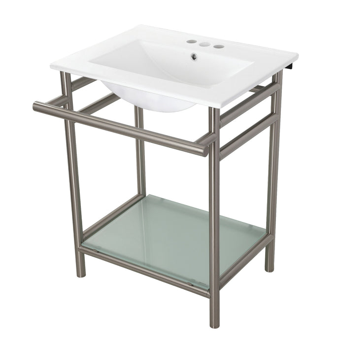 Kingston Brass VPB24187W48 Sheridan 24" Ceramic Console Sink with Stainless Steel Legs and Glass Shelf (4-Inch, 3-Hole), White/Brushed Nickel