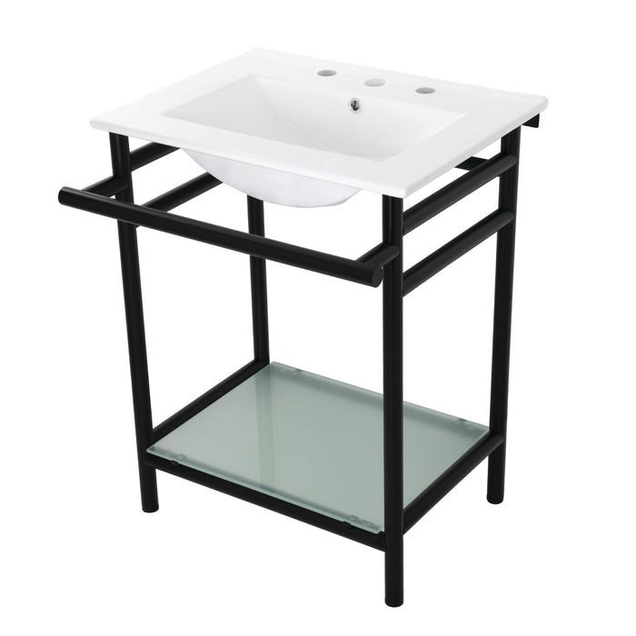 Kingston Brass VPB24187W80 Sheridan 24" Ceramic Console Sink with Stainless Steel Legs and Glass Shelf (8-Inch, 3-Hole), White/Matte Black
