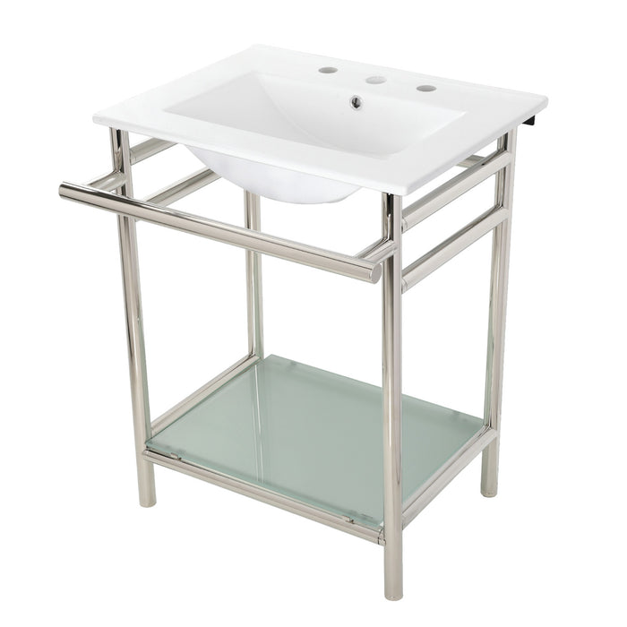 Kingston Brass VPB24187W86 Sheridan 24" Ceramic Console Sink with Stainless Steel Legs and Glass Shelf (8-Inch, 3-Hole), White/Polished Nickel