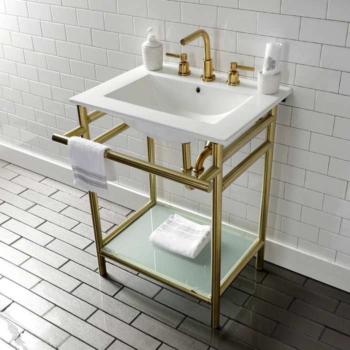 Kingston Brass VPB24187W87 Sheridan 24" Ceramic Console Sink with Stainless Steel Legs and Glass Shelf (8-Inch, 3-Hole), White/Brushed Brass