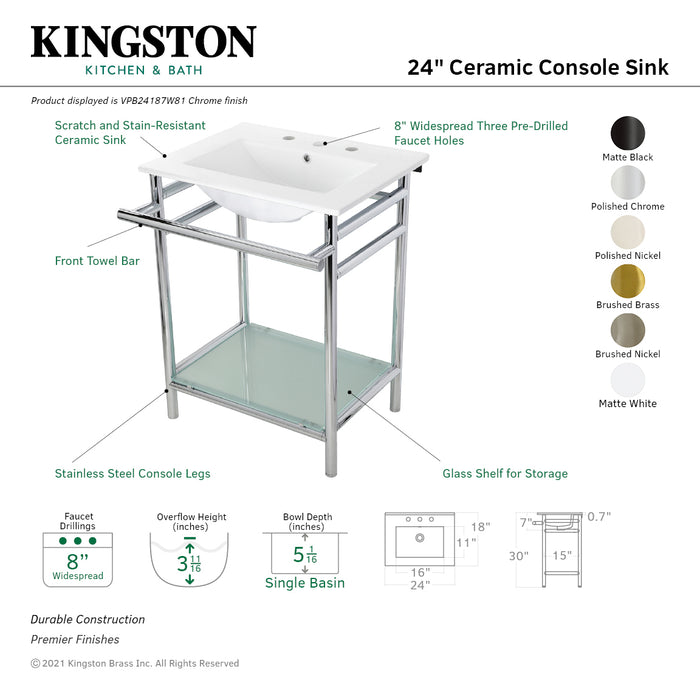 Kingston Brass VPB24187W88 Sheridan 24" Ceramic Console Sink with Stainless Steel Legs and Glass Shelf (8-Inch, 3-Hole), White/Brushed Nickel
