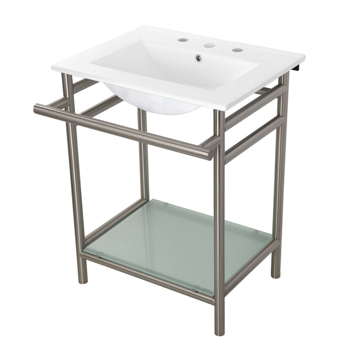 Kingston Brass VPB24187W88 Sheridan 24" Ceramic Console Sink with Stainless Steel Legs and Glass Shelf (8-Inch, 3-Hole), White/Brushed Nickel