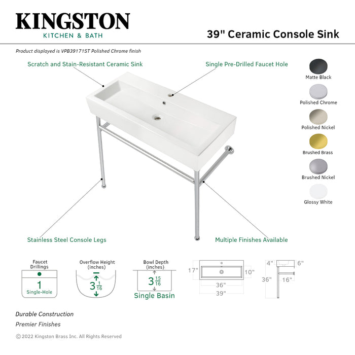 Kingston Brass VPB39170ST New Haven 39" Porcelain Console Sink with Stainless Steel Legs (1-Hole), White/Matte Black