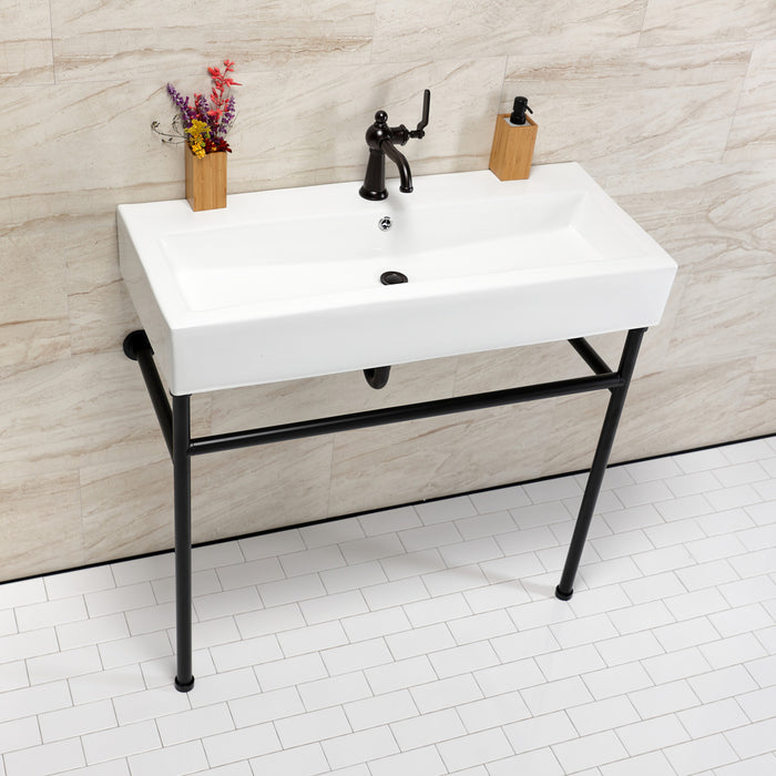 Kingston Brass VPB39170ST New Haven 39" Porcelain Console Sink with Stainless Steel Legs (1-Hole), White/Matte Black