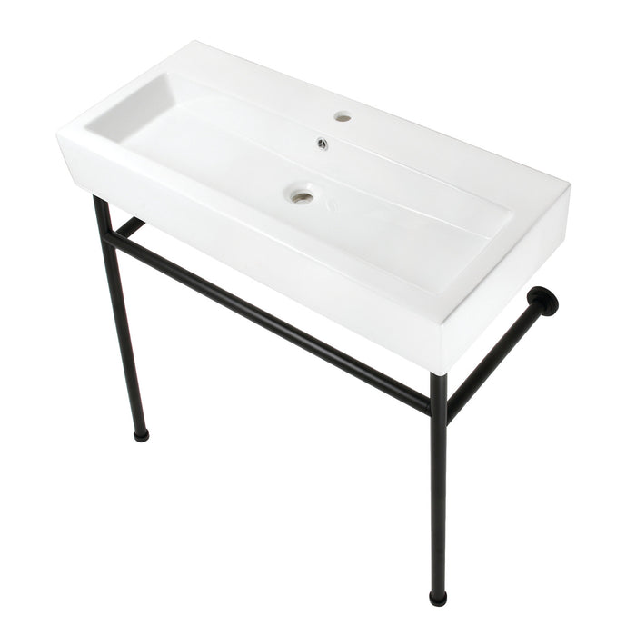 Kingston Brass VPB39170ST New Haven 39" Porcelain Console Sink with Stainless Steel Legs (1-Hole), White/Matte Black