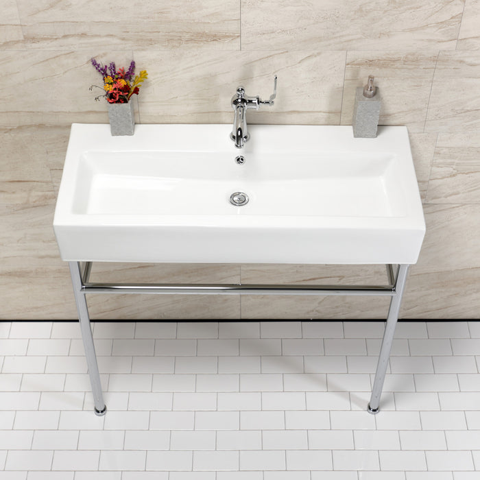 Kingston Brass VPB39171ST New Haven 39" Porcelain Console Sink with Stainless Steel Legs (1-Hole), White/Polished Chrome