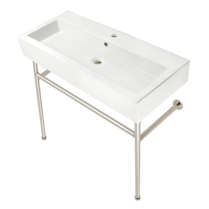 Kingston Brass VPB39176ST New Haven 39" Porcelain Console Sink with Stainless Steel Legs (1-Hole), White/Polished Nickel