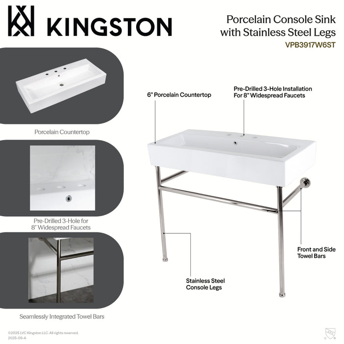 Kingston Brass VPB3917W6ST New Haven 39" Porcelain Console Sink with Stainless Steel Legs (8-Inch, 3-Hole), White/Polished Nickel