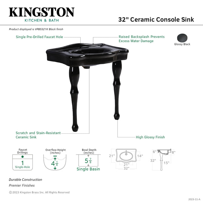 Kingston Brass VPB5321K Imperial 32" Ceramic Console Sink (1-Hole), Black