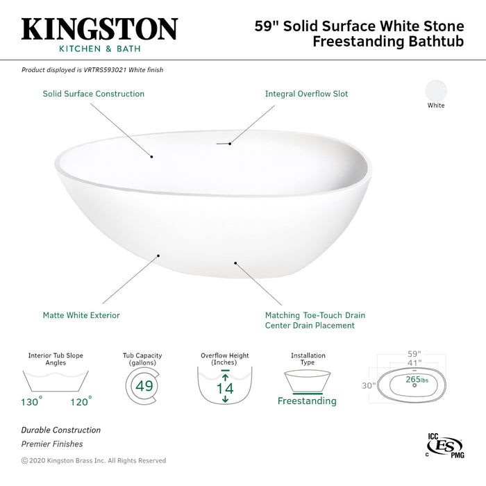 Kingston Brass VRTRS593021 59" Solid Surface Egg Shaped Double Ended Freestanding Tub with Drain, Matte White