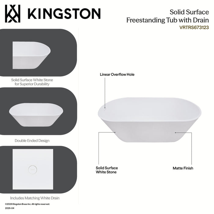 Kingston Brass VRTRS673123 67" Solid Surface Oval Double Ended Freestanding Tub with Drain, Matte White
