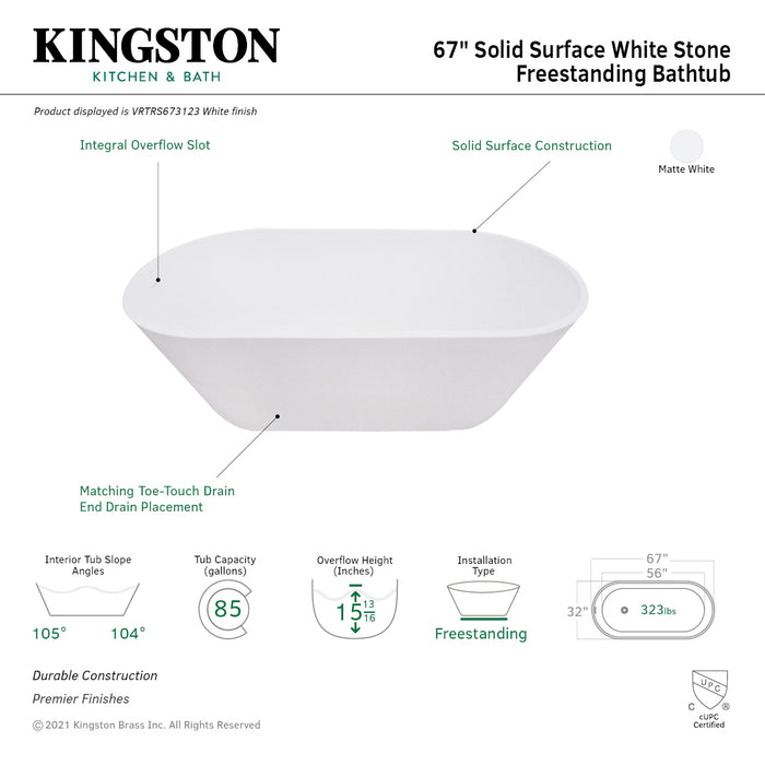 Kingston Brass VRTRS673123 67" Solid Surface Oval Double Ended Freestanding Tub with Drain, Matte White