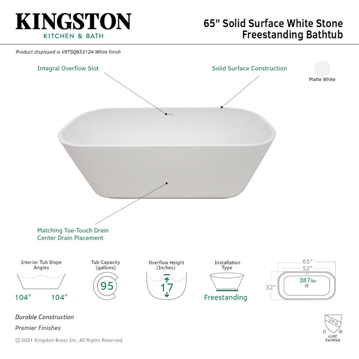 Kingston Brass VRTSQ653124 65" Solid Surface Rectangular Double Ended Freestanding Tub with Drain, Matte White