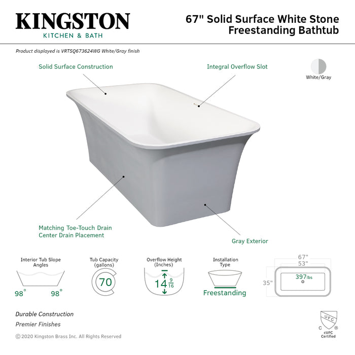 Kingston Brass VRTSQ673624WG 67" Solid Surface Rectangular Double Ended Freestanding Tub with Drain, Matte White/Gray