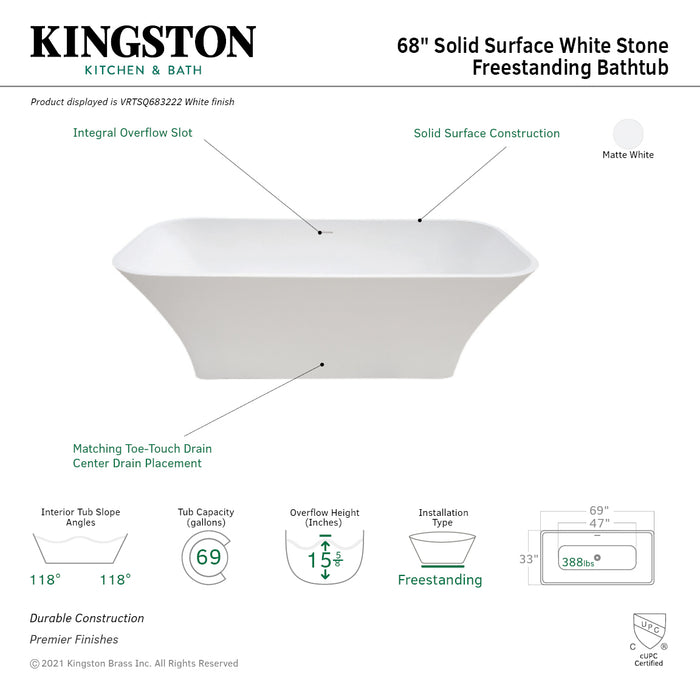 Kingston Brass VRTSQ683222 68" Solid Surface Rectangular Double Ended Freestanding Tub with Drain, Matte White