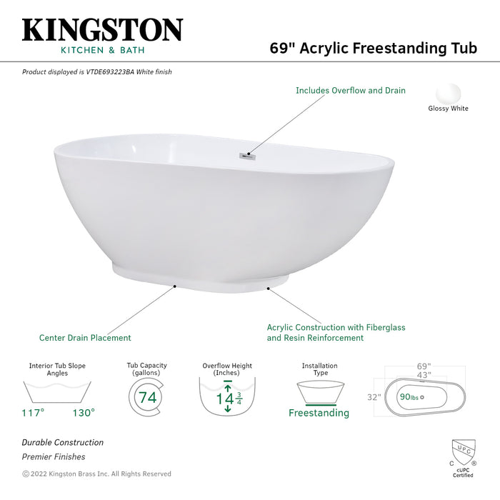 Kingston Brass VTDE693223BA 69" Acrylic Oval Double Ended Freestanding Tub with Drain, Glossy White