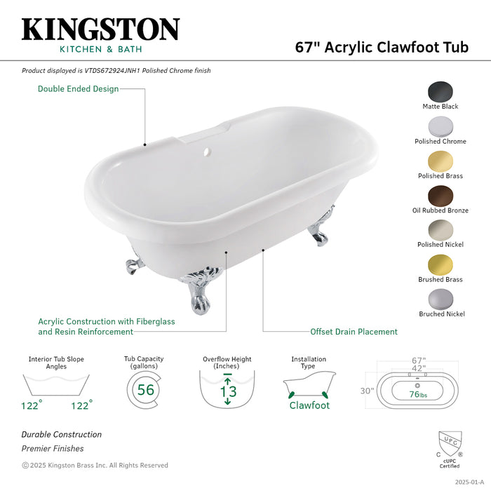 Aqua Eden VTDS672924JNH7 67" Acrylic Oval Double Ended Clawfoot Tub (No Faucet Drillings), Glossy White/Brushed Brass