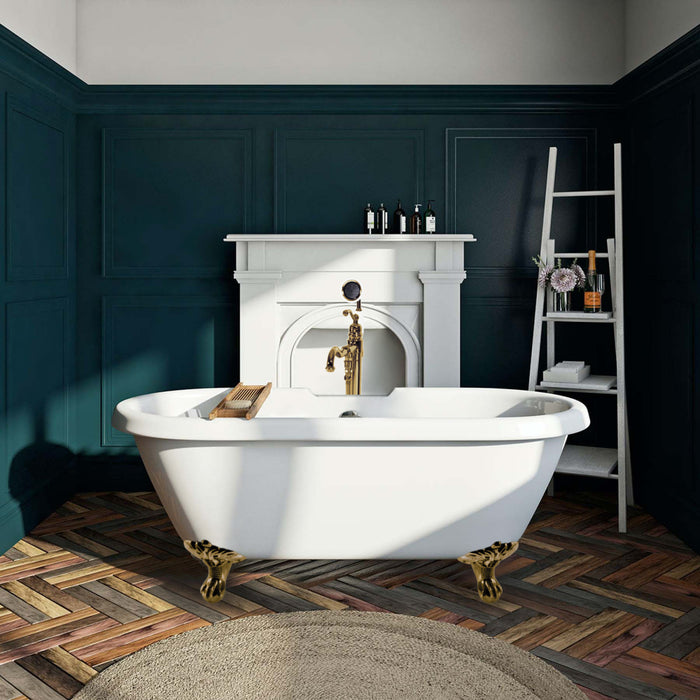 Aqua Eden VTDS672924JNH7 67" Acrylic Oval Double Ended Clawfoot Tub (No Faucet Drillings), Glossy White/Brushed Brass