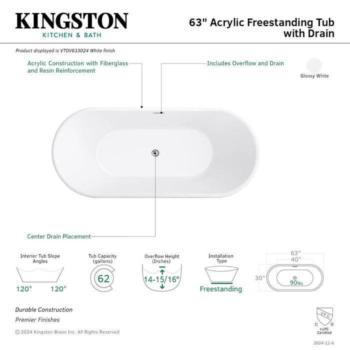 Kingston Brass VTOV633024 63" Acrylic Oval Double Ended Freestanding Tub with Drain, Glossy White