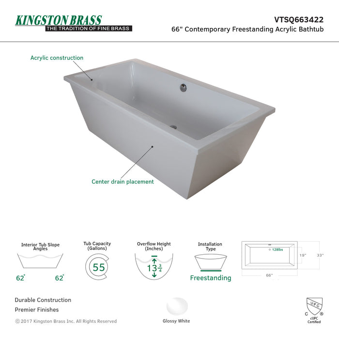 Kingston Brass VTSQ663422 66" Acrylic Rectangular Double Ended Freestanding Tub with Drain, Glossy White