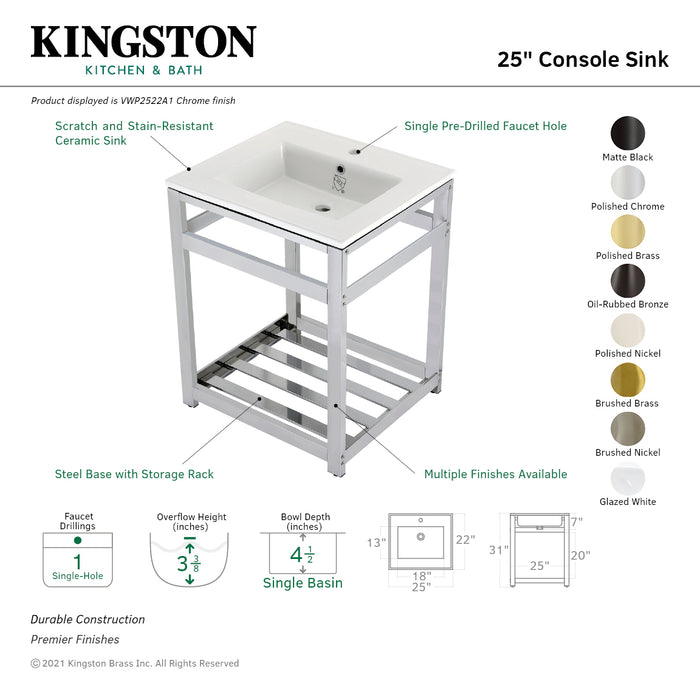 Kingston Brass VWP2522A6 Quadras 25" Ceramic Console Sink with Steel Base and Shelf (1-Hole), White/Polished Nickel