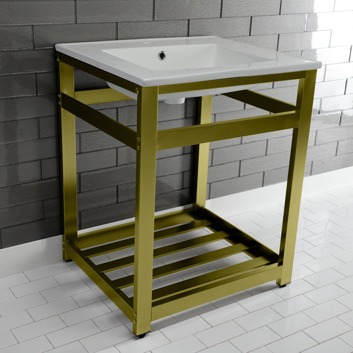 Kingston Brass VWP2522A7 Quadras 25" Ceramic Console Sink with Steel Base and Shelf (1-Hole), White/Brushed Brass