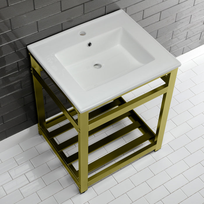 Kingston Brass VWP2522A7 Quadras 25" Ceramic Console Sink with Steel Base and Shelf (1-Hole), White/Brushed Brass