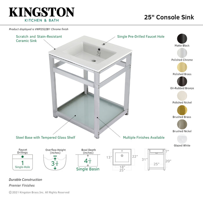 Kingston Brass VWP2522B7 Quadras 25" Ceramic Console Sink with Steel Base and Glass Shelf (1-Hole), White/Brushed Brass