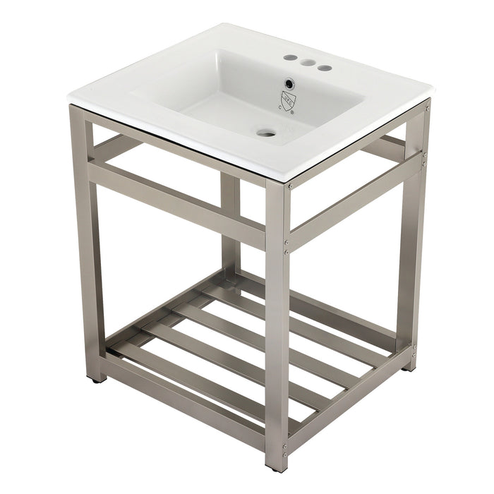 Kingston Brass VWP2522W4A8 Quadras 25" Ceramic Console Sink with Steel Base and Shelf (4-Inch, 3-Hole), White/Brushed Nickel
