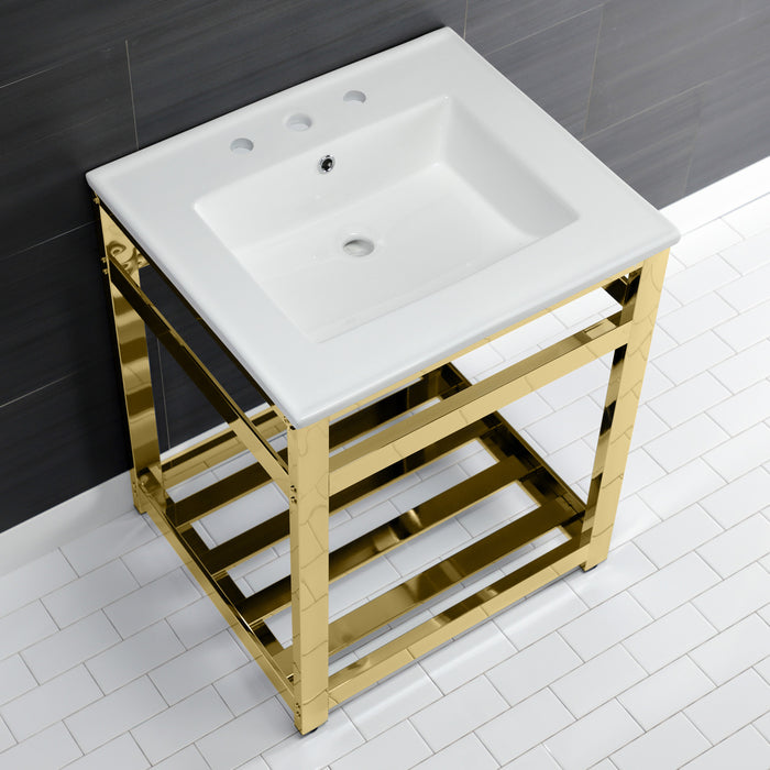 Kingston Brass VWP2522W8A2 Quadras 25" Ceramic Console Sink with Steel Base and Shelf (8-Inch, 3-Hole), White/Polished Brass