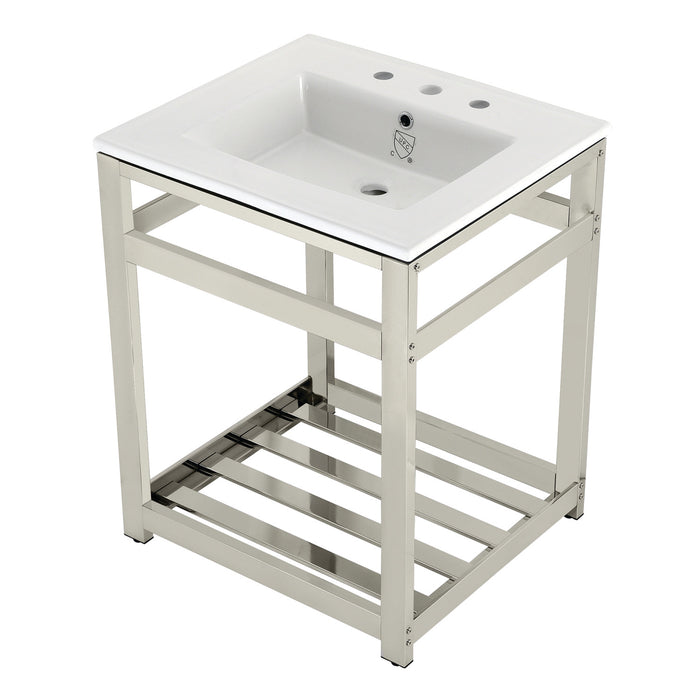 Kingston Brass VWP2522W8A6 Quadras 25" Ceramic Console Sink with Steel Base and Shelf (8-Inch, 3-Hole), White/Polished Nickel