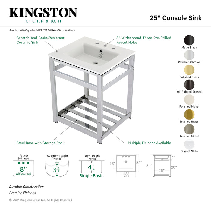 Kingston Brass VWP2522W8A8 Quadras 25" Ceramic Console Sink with Steel Base and Shelf (8-Inch, 3-Hole), White/Brushed Nickel