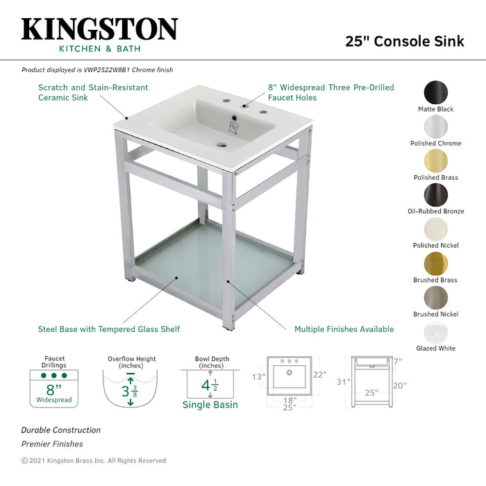 Kingston Brass VWP2522W8B7 Quadras 25" Ceramic Console Sink with Steel Base and Glass Shelf (8-Inch, 3-Hole), White/Brushed Brass