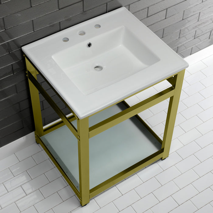 Kingston Brass VWP2522W8B7 Quadras 25" Ceramic Console Sink with Steel Base and Glass Shelf (8-Inch, 3-Hole), White/Brushed Brass