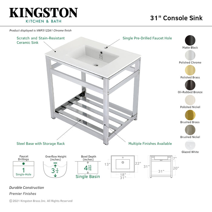 Kingston Brass VWP3122A7 Quadras 31" Ceramic Console Sink with Steel Base and Shelf (1-Hole), White/Brushed Brass