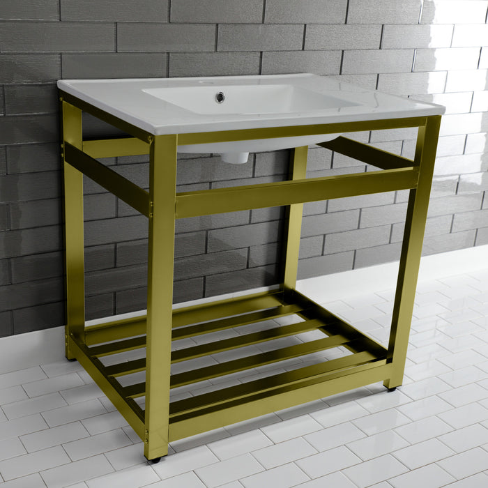 Kingston Brass VWP3122A7 Quadras 31" Ceramic Console Sink with Steel Base and Shelf (1-Hole), White/Brushed Brass