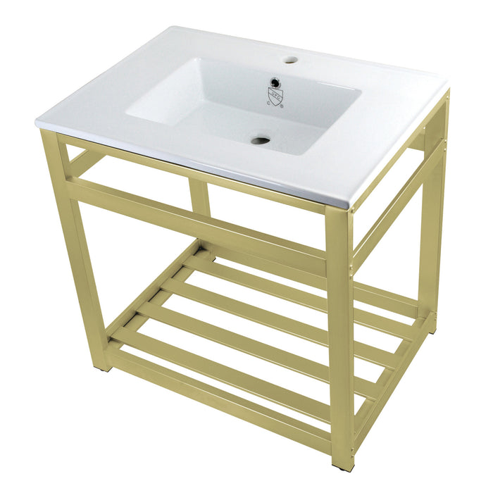 Kingston Brass VWP3122A7 Quadras 31" Ceramic Console Sink with Steel Base and Shelf (1-Hole), White/Brushed Brass