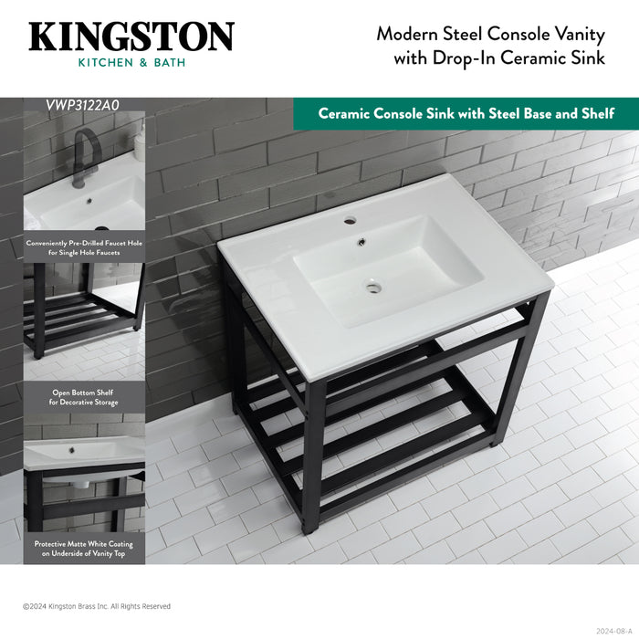 Kingston Brass VWP3122A8 Quadras 31" Ceramic Console Sink with Steel Base and Shelf (1-Hole), White/Brushed Nickel