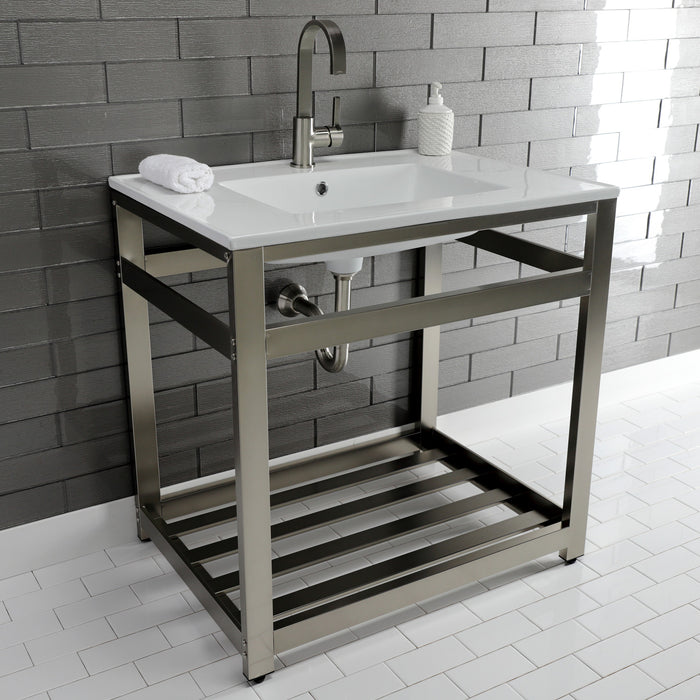 Kingston Brass VWP3122A8 Quadras 31" Ceramic Console Sink with Steel Base and Shelf (1-Hole), White/Brushed Nickel