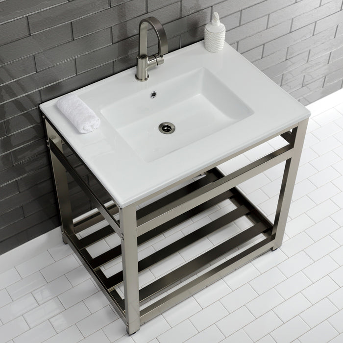 Kingston Brass VWP3122A8 Quadras 31" Ceramic Console Sink with Steel Base and Shelf (1-Hole), White/Brushed Nickel