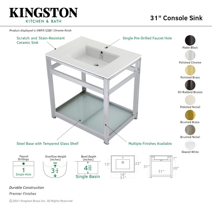 Kingston Brass VWP3122B7 Quadras 31" Ceramic Console Sink with Steel Base and Glass Shelf (1-Hole), White/Brushed Brass
