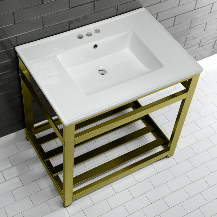 Kingston Brass VWP3122W4A7 Quadras 31" Ceramic Console Sink with Steel Base and Shelf (4-Inch, 3-Hole), White/Brushed Brass