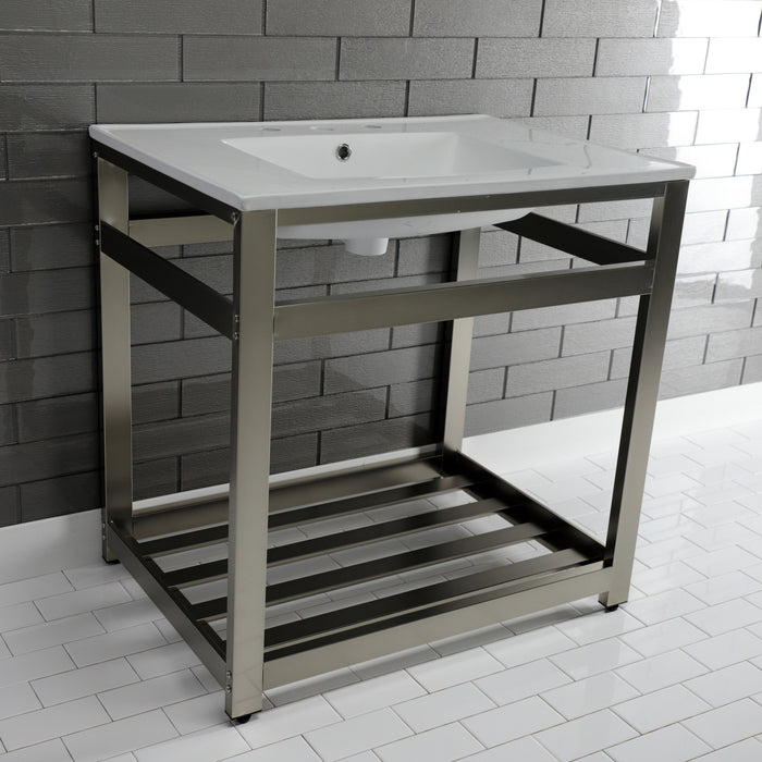 Kingston Brass VWP3122W8A8 Quadras 31" Ceramic Console Sink with Steel Base and Shelf (8-Inch, 3-Hole), White/Brushed Nickel