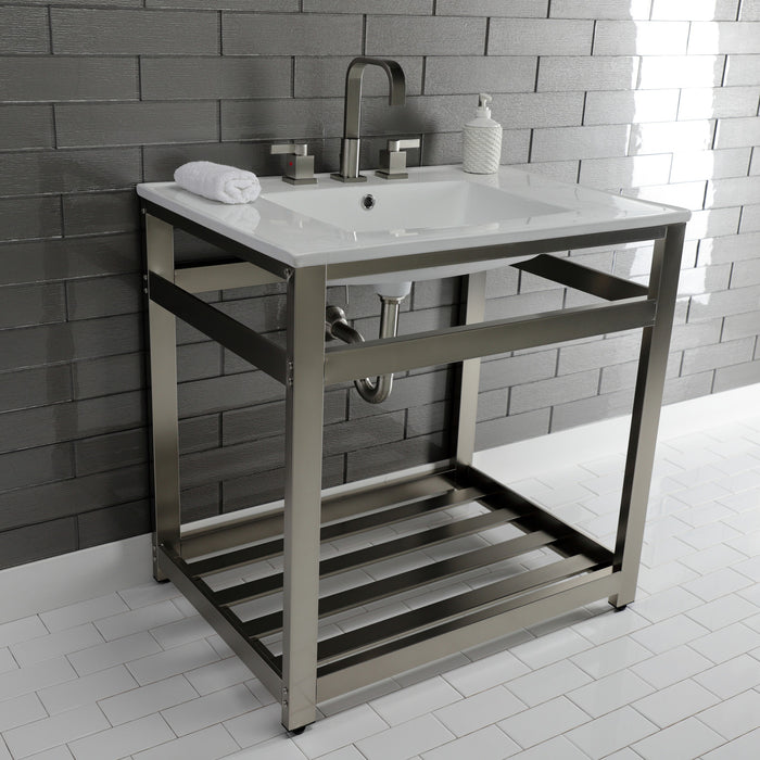 Kingston Brass VWP3122W8A8 Quadras 31" Ceramic Console Sink with Steel Base and Shelf (8-Inch, 3-Hole), White/Brushed Nickel