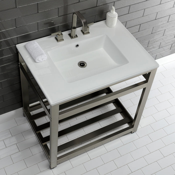 Kingston Brass VWP3122W8A8 Quadras 31" Ceramic Console Sink with Steel Base and Shelf (8-Inch, 3-Hole), White/Brushed Nickel