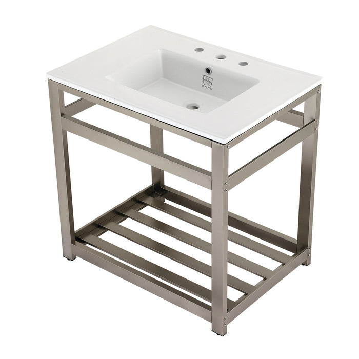 Kingston Brass VWP3122W8A8 Quadras 31" Ceramic Console Sink with Steel Base and Shelf (8-Inch, 3-Hole), White/Brushed Nickel
